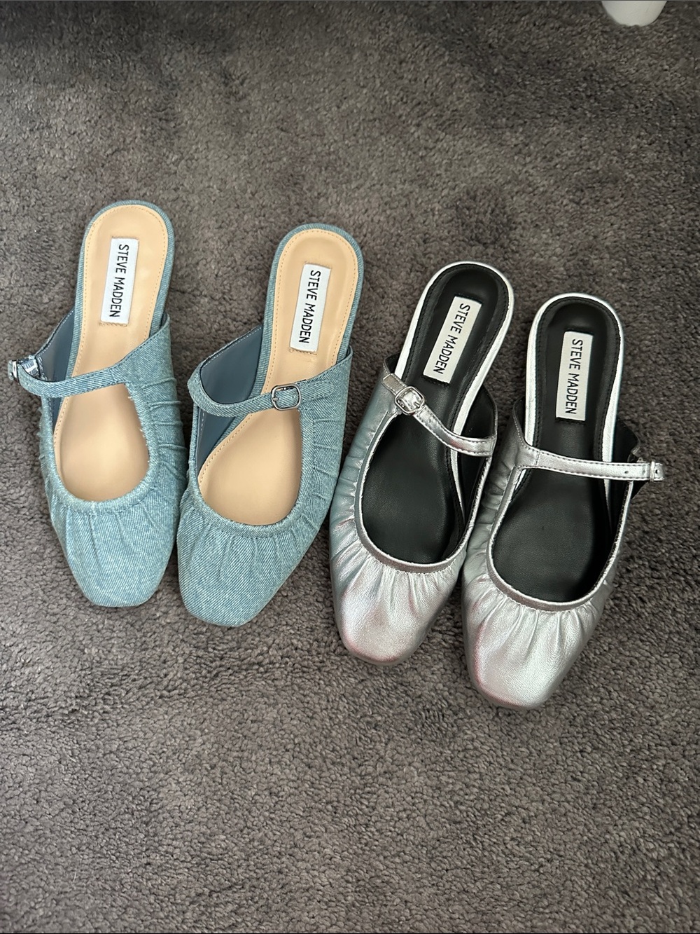 Steve Madden Mary Jane Ballet Flats in Light Blue Denim and Metallic Silver